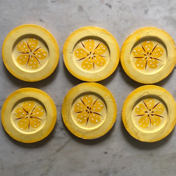 Other - Vintage Lemon Yellow Hand Painted Flower Wooden Coaster Set of 6
